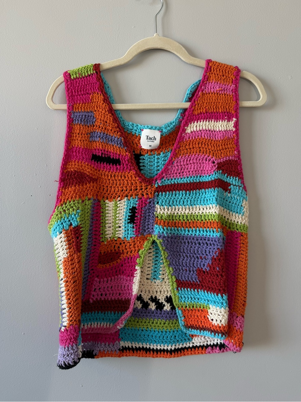 Tach Multicolor Crochet V-Neck Tank Sweater in Pink, Orange, Turquoise, Purple